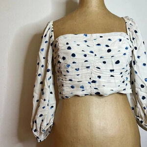 Wilfred sz S crop ruched puff sleeve polka dot top cream blue great pre owned